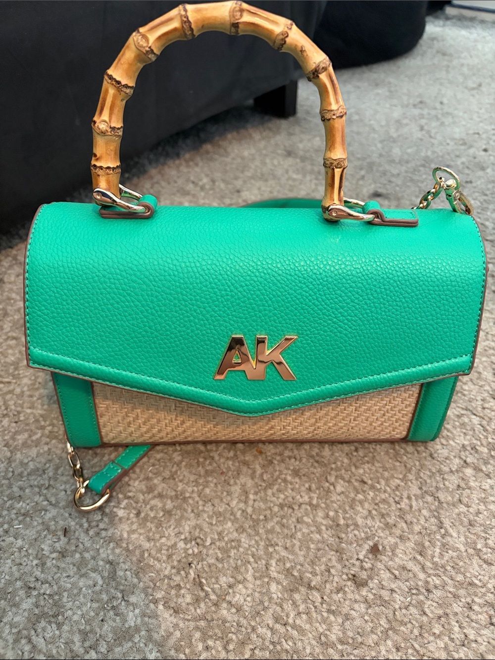 Anne Klein Teal Green Raffia-Trim Satchel with Bamboo Handle